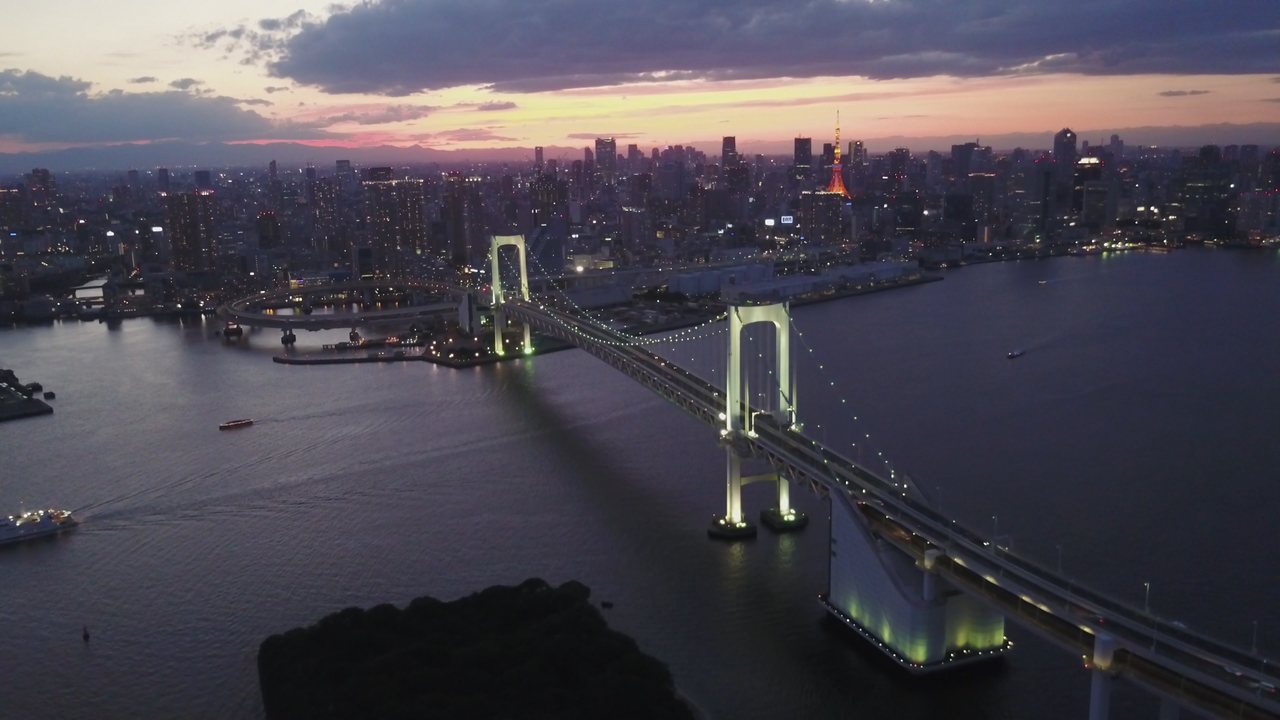 Rainbow Bridge crossing Tokyo Bay, with the waterfront skyline beyond.